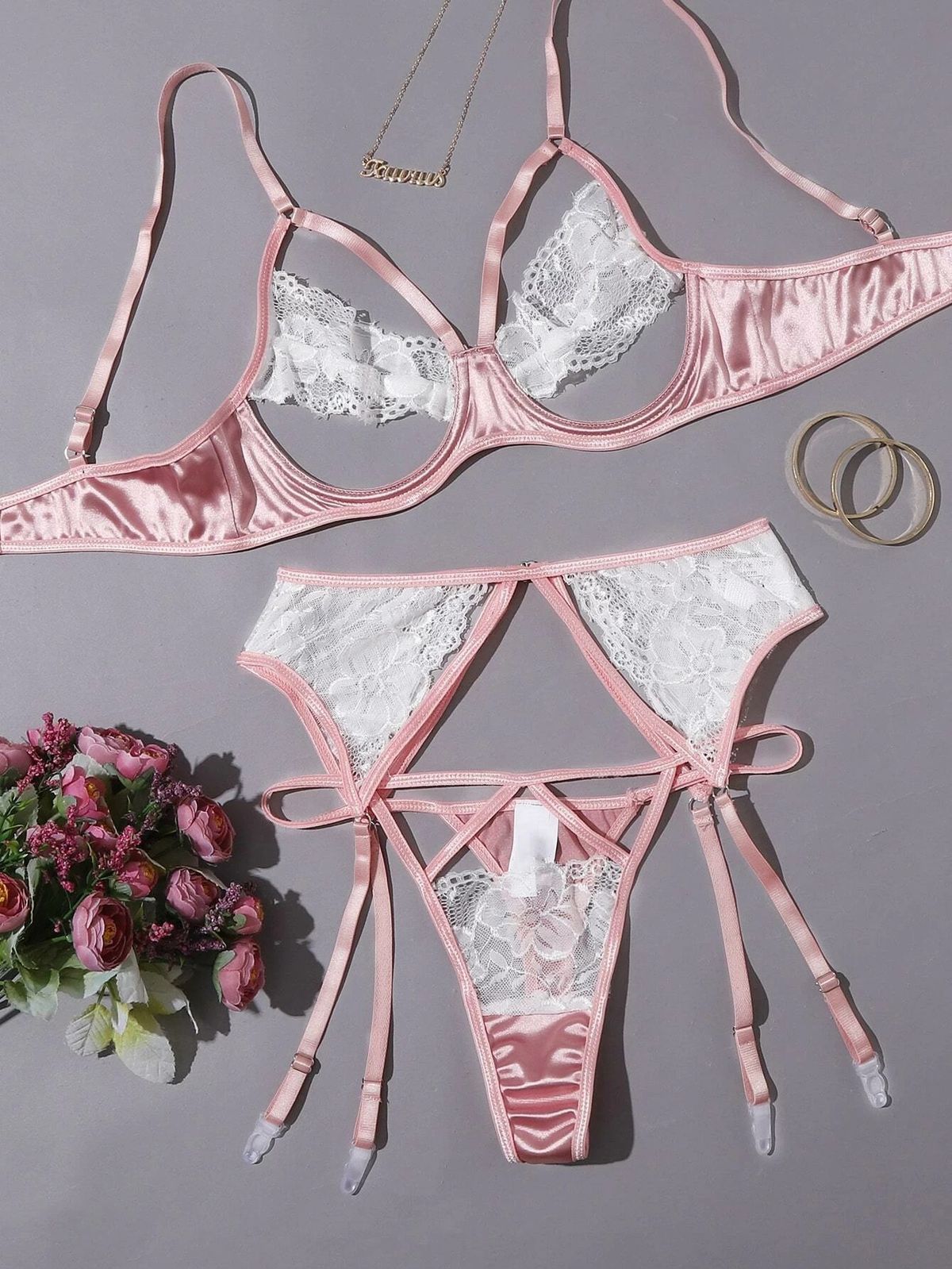 2025d Pink Mesh See-through Three-point Hollow Out With Stockings Hidden Button Sexy Lingerie_voghion.com