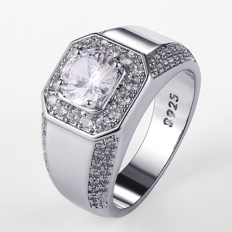 Cao Shi Anello di lusso squisito da uomo in argento placcato platino con zircone simulato_voghion.com