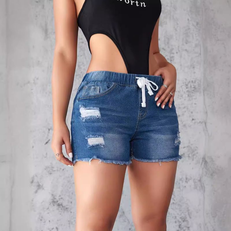 Îmbrăcăminte de vară pentru femei, talie elastică, ruptă, cu ciucuri, pantaloni scurți din denim elastici pentru femei_voghion.com