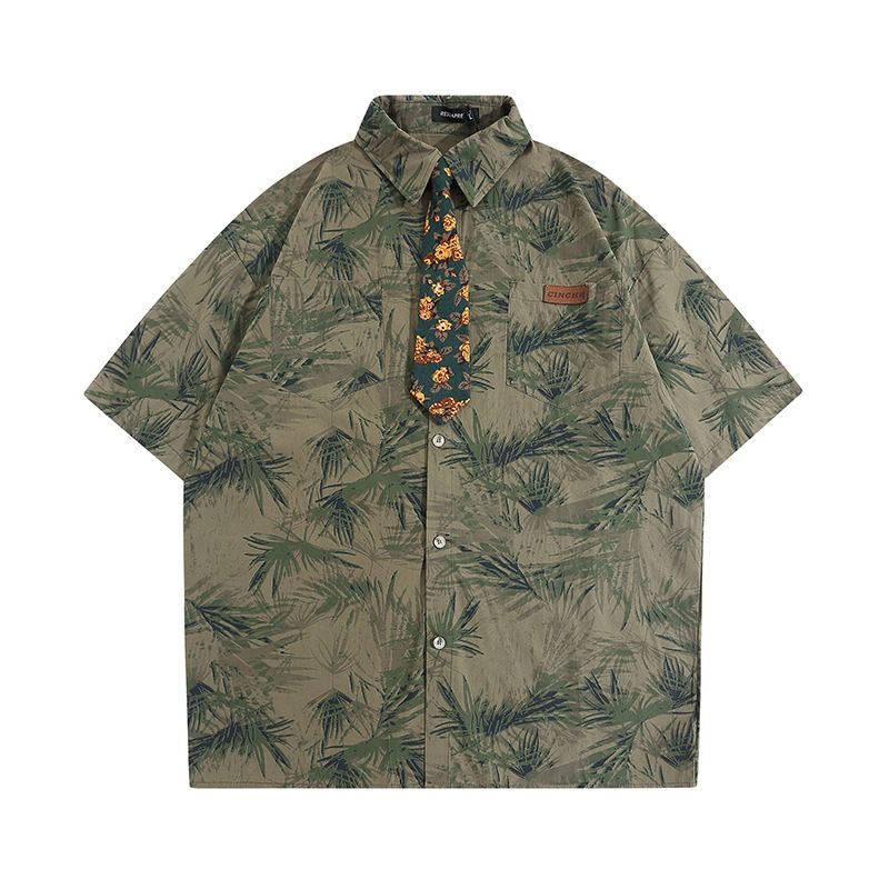 Camicia a maniche corte con stampa floreale in stile barocco retrò per uomo e donna, design di nicchia, camicia con cravatta in stile college_voghion.com