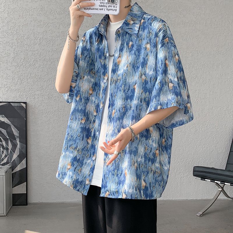 Camicia a maniche corte con effetto tie-dye Dopamine per uomo, design vintage estivo, camicia floreale, giacca in seta ghiacciata_voghion.com