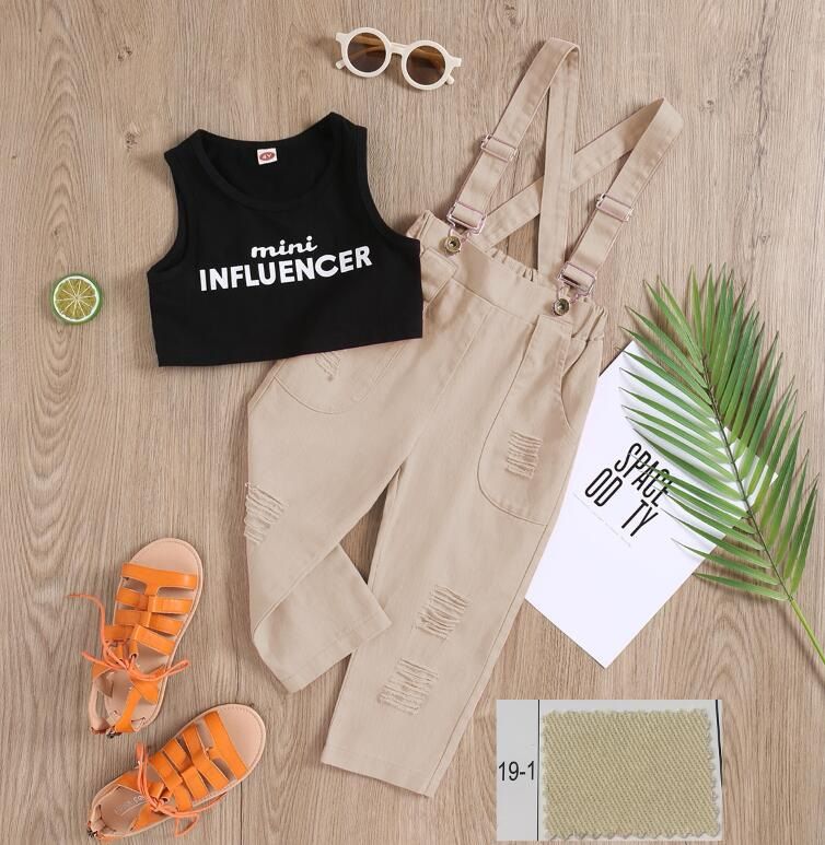 Tuta per mamma e bambini, alla moda per ragazze, carina, in un unico pezzo, con lettere, a maniche corte, con gilet e jeans._voghion.com