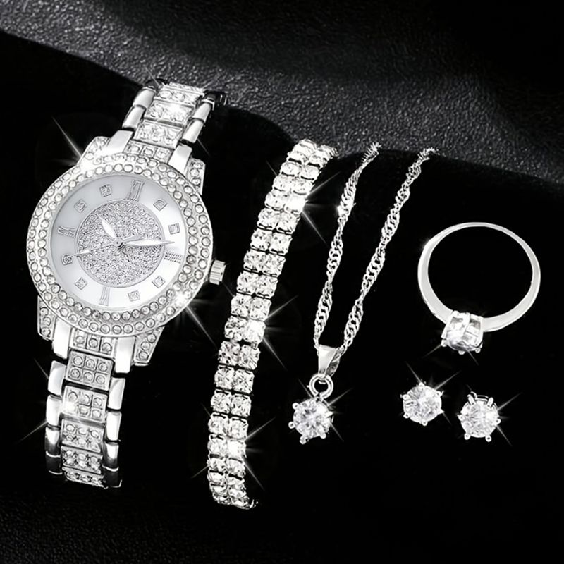 Dames nieuw mode strass wijzerplaat stalen band quartz horloge + luxe strass sieraden set_voghion.com