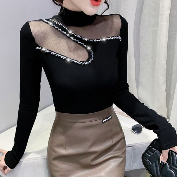 Damenbekleidung, asymmetrische schwarze Bluse mit Netzstoff, europäische Version des Diamant-Tops der königlichen Schwester, große Größe, dicker, enger MM-Stil_voghion.com