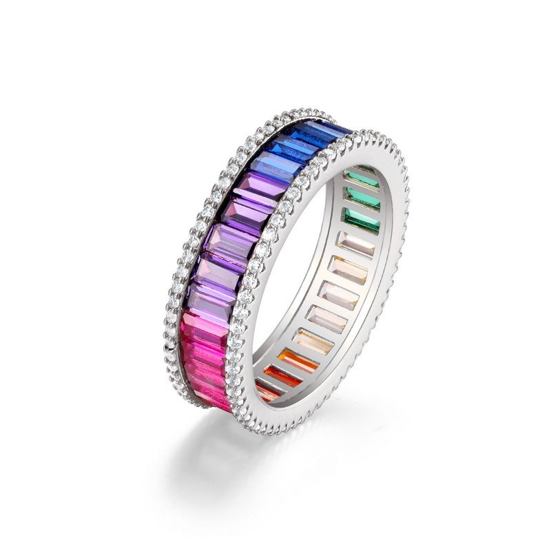 Bague en zircon arc-en-ciel pour hommes et femmes S925 à une rangée entourée d'une bague en pierres précieuses colorées, personnalité de la mode_voghion.com