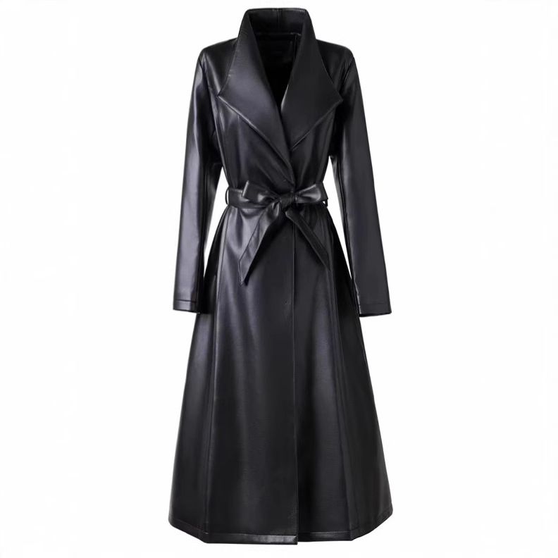 Elegante cappotto lungo in similpelle con trench da donna | Giacca in similpelle con cintura di ispirazione vintage | Soprabito taglie forti in nero, rosso Anchora e cioccolato_voghion.com