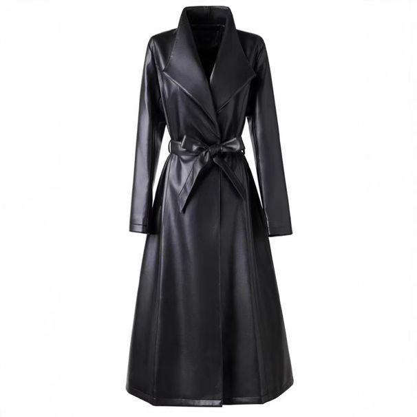 Elegante cappotto lungo in similpelle con trench da donna | Giacca in similpelle con cintura di ispirazione vintage | Soprabito taglie forti in nero, rosso Anchora e cioccolato_voghion.com