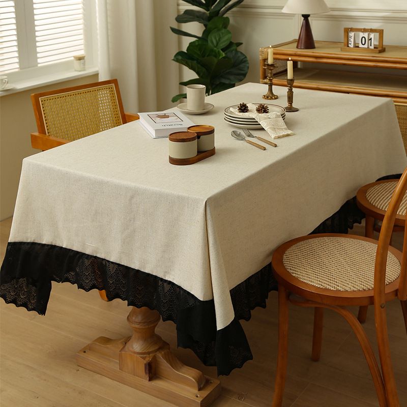 Tischdecke im Vintage-Stil in Leinenoptik – wasserdichte und rutschfeste rechteckige Tischdecke mit elegantem Spitzenbesatz – Bauernhaus- und neuer chinesischer Stil_voghion.com