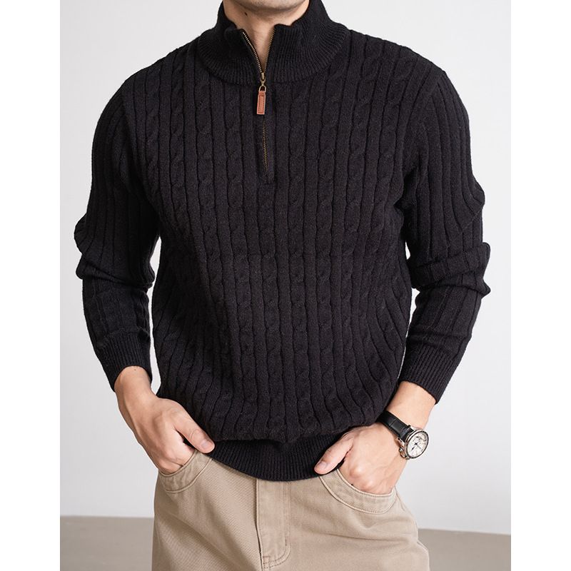 Herren-Zopfmusterpullover, Winter, Pullover mit halbem Reißverschluss, dicker, lässiger Rundhalspullover für den Alltag_voghion.com