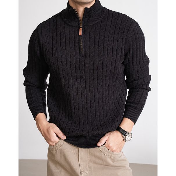 Herren-Zopfmusterpullover, Winter, Pullover mit halbem Reißverschluss, dicker, lässiger Rundhalspullover für den Alltag_voghion.com