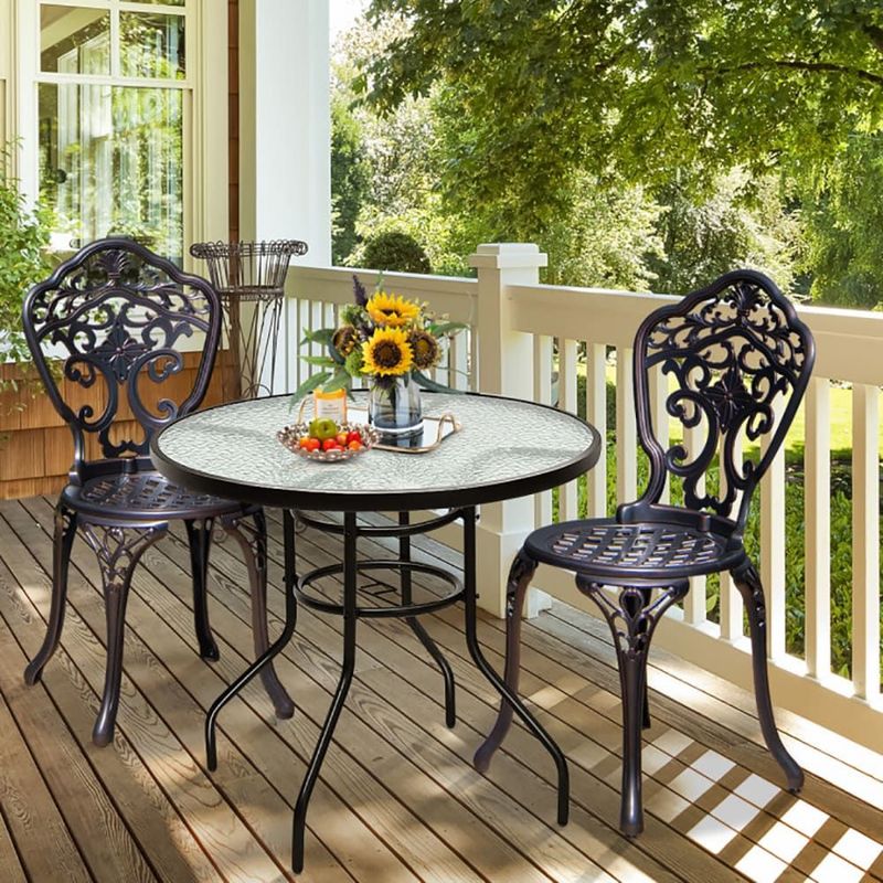32 Inch Patio Tempered Glass Steel Frame Round Table With Convenient Umbrella Hole_voghion.com