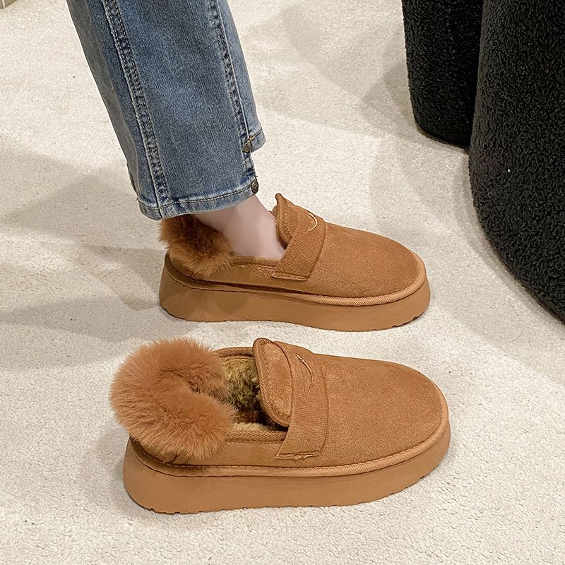 Internet celebrity hot selling thick soled snow boots 2024 new Korean version plus velvet thickened solid color warm slip on cotton shoes_voghion.com