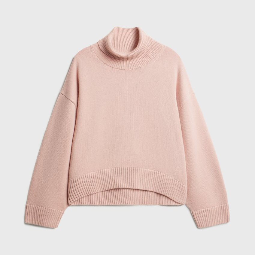 Gemütlicher, übergroßer Strickpullover mit hohem Halsausschnitt für Damen – weiche Viskosemischung, lässiger, lockerer Schnitt, kurzer Cropped-Stil (Pink, Zitronengelb, Kaffee)_voghion.com