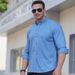 Abbigliamento da uomo taglie forti, camicia a maniche lunghe, camicia elasticizzata in denim casual e larga, taglia grande, ragazzo grasso_voghion.com
