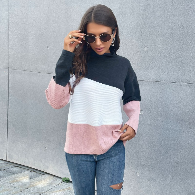 Damenbekleidung Independent Station Herbst und Winter neue Kleidung gestrickter, farbblockierter, halber Rollkragenpullover mit langen Ärmeln für Damen_voghion.com