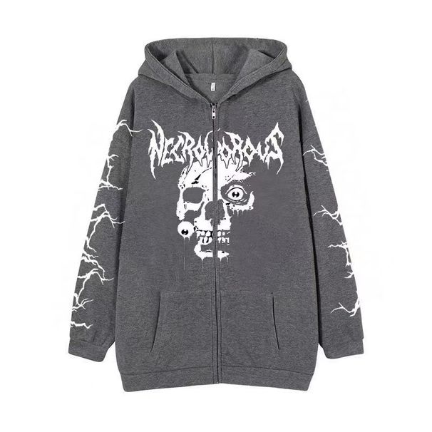 Gothic Y2K Unisex Hoodie met schedelprint - Oversized streetwear sweatshirt met rits voor mannen en vrouwen - Donkere esthetische trui (zwart, wit, grijs)_voghion.com