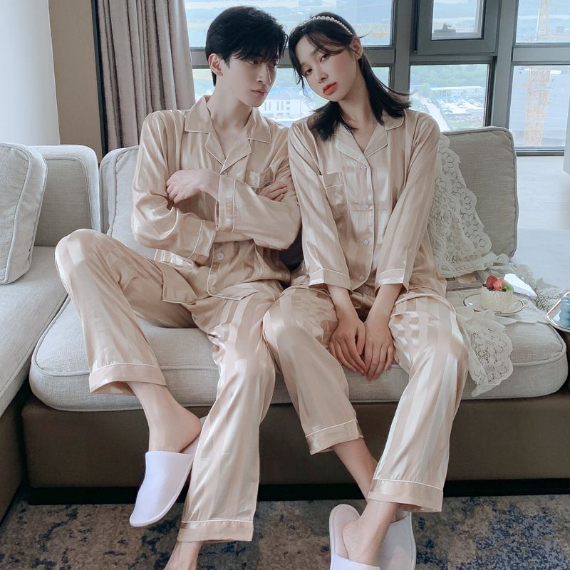 Couple's Sleepwear For Spring, Summer, And Autumn | Ice Silk Material Long Sleeve Pants Cool And Comfortable--Wide Champagne Style_voghion.com