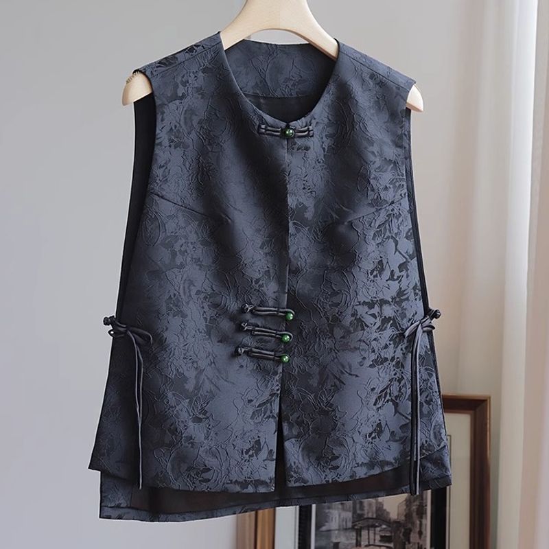 Neue Weste im chinesischen Stil, Rundhalsausschnitt, ärmellose Weste im Retro-Nationalstil, Jacquard-Weste mit schwarzem Oberteil_voghion.com