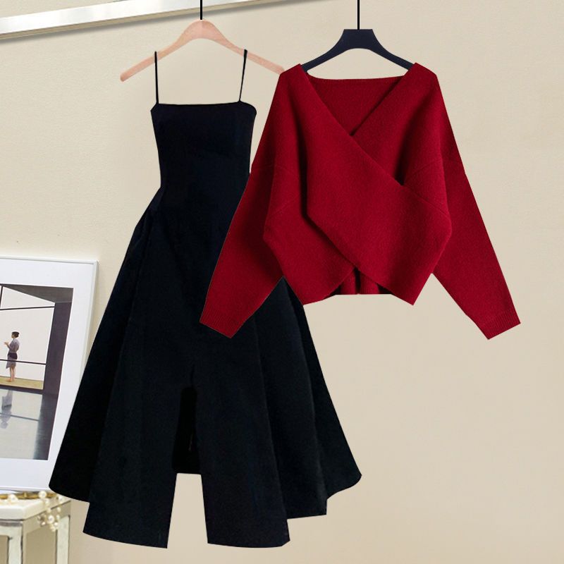Dametøj efterår og vinter stilfulde jakkesæt til kvinder Nyt design slankende og aldersreducerende krydsstrikket sweaterkjole Todelt jakkesæt_voghion.com