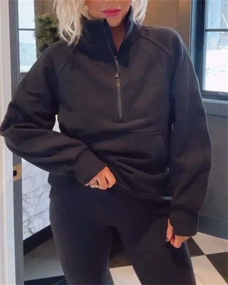 Women's Clothing autumn and winter new women's sports half zip yoga clothes loose stand up collar plus fleece sweater_voghion.com