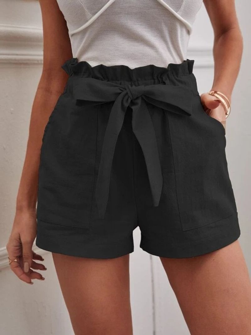 Roupas femininas novo verão gravata borboleta solto casual shorts bolso cor sólida tamanho grande cintura alta calças de perna larga_voghion.com
