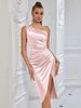 Elegant One-Shoulder Asymmetrical Ruffle Midi Dress For Bridesmaid, Party & Evening Occasions – Slim Fit, Multiple Colors (XS-XL)_voghion.com