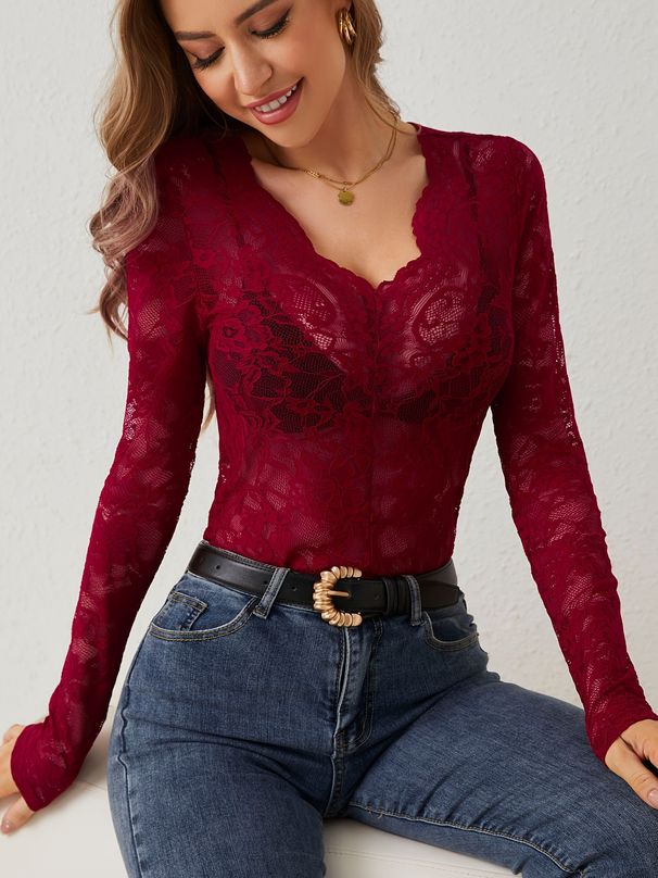 Damenbekleidung Neue sexy einlagige Bluse mit floraler Spitze in Fächerform mit dekorativer Bodenbildung für Damen_voghion.com