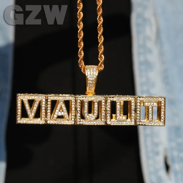Cube A-Z Initial Letter Custom Name Pendant Necklace Personalized Square Iced Out Cubic Zircon CZ Stone Real Gold Charm_voghion.com
