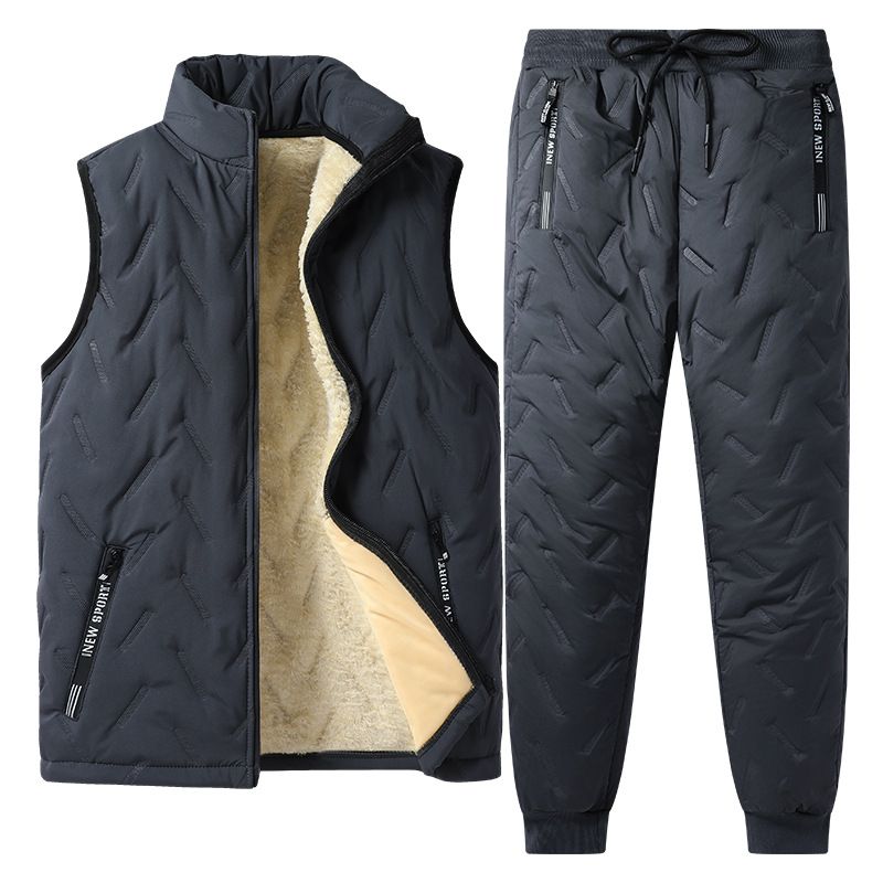 Abbigliamento da uomo nuovo cotone giacca in pile di agnello collo alto taglia grande più velluto spesso casual completo giacca in cotone set tre pezzi_voghion.com
