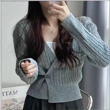 Südkorea 2024 Hierscht/Wanter Nei Kleng Parfuméiert Stil Pure Desire Kräiz Déif V Gestrickte Cardigan Einfarweg Kuerz_voghion.com