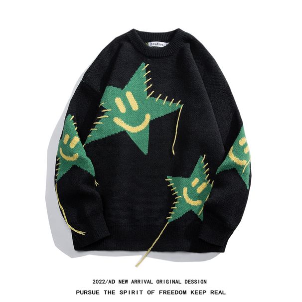 Maglione oversize a blocchi di colore con stelle per uomo e donna - Pullover unisex con design a contrasto, traspirante in misto poliestere_voghion.com