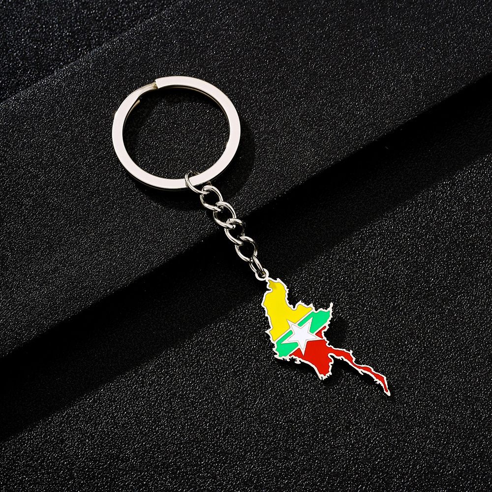Myanmar Map Flag Keychain – Retro Ethnic Titanium Steel Decorative Accessory For Men & Women_voghion.com