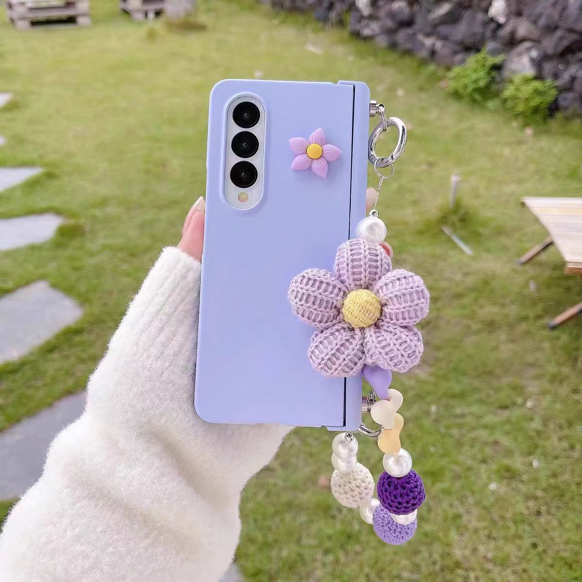 For Samsung Galaxy Z Fold 6 Korea Cute Knitted Flower Wrist Bracelet Shockproof Pearl Chain Phone Case Cover_voghion.com