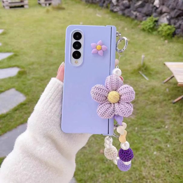 For Samsung Galaxy Z Fold 6 Korea Cute Knitted Flower Wrist Bracelet Shockproof Pearl Chain Phone Case Cover_voghion.com
