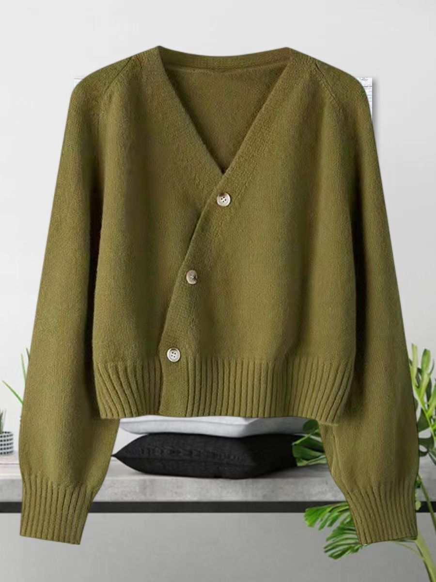 Lockere diagonale Schnalle, sanfter Stil, warme Pulloverjacke für Damen, Herbst 2024, neue kurzärmelige Strickjacke_voghion.com