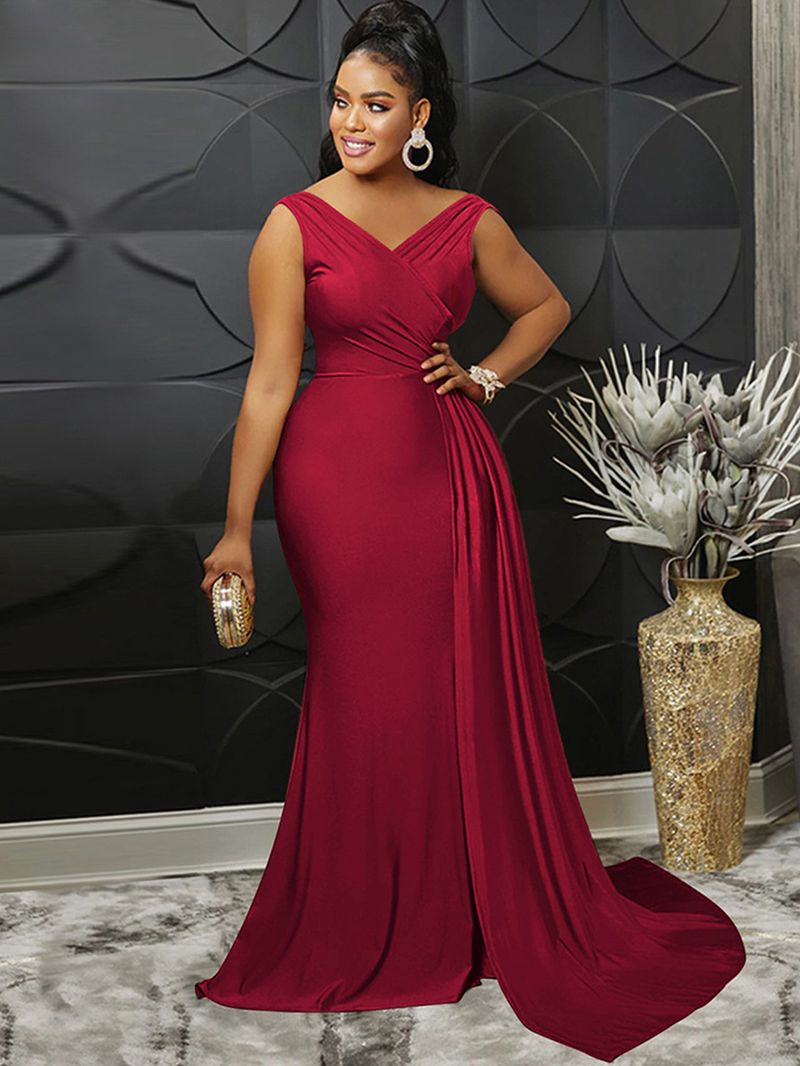 Damenbekleidung Weinrot Ärmellos V-Ausschnitt Schlitz Sexy Und Elegantes Damen Abendkleid_voghion.com
