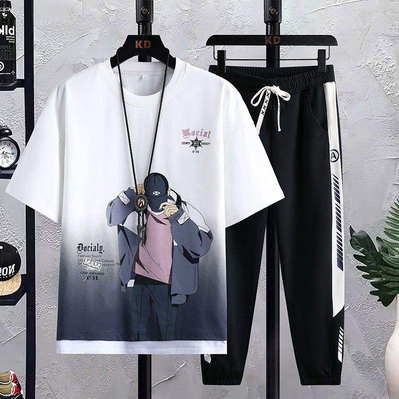 Men's Clothing Summer junior high school students pure cotton T shirt 12 16 years old boy short sleeved trousers suit 15 youth casual two piece suit_voghion.com