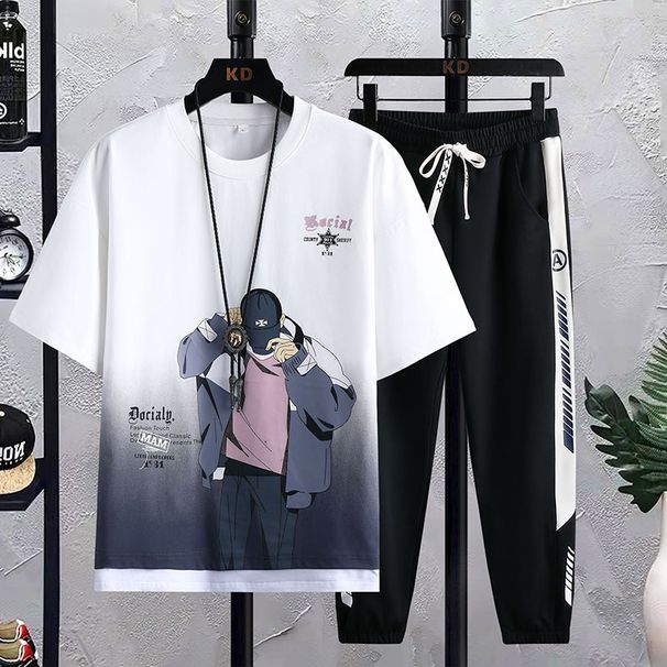 Men's Clothing Summer junior high school students pure cotton T shirt 12 16 years old boy short sleeved trousers suit 15 youth casual two piece suit_voghion.com