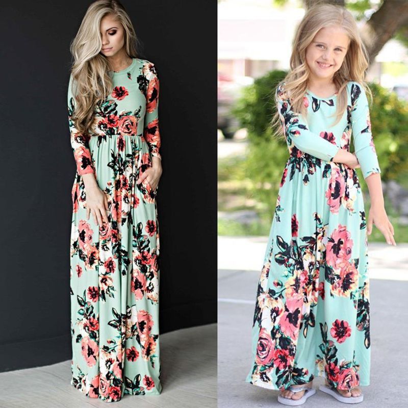 Parent Child Clothing Foreign Trade Printed Mother Daughter Dress Women's Clothing Nine Point Sleeve Long Skirt_voghion.com