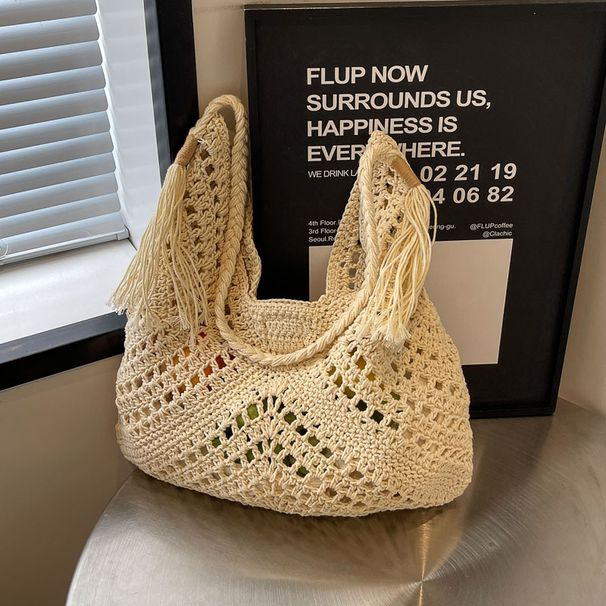 Strohtasche, gewebte Tasche, gestrickte Baumwollfaden-Umhängetasche für Damen, Strandurlaub, große Kapazität, Pendler-Einkaufstasche_voghion.com