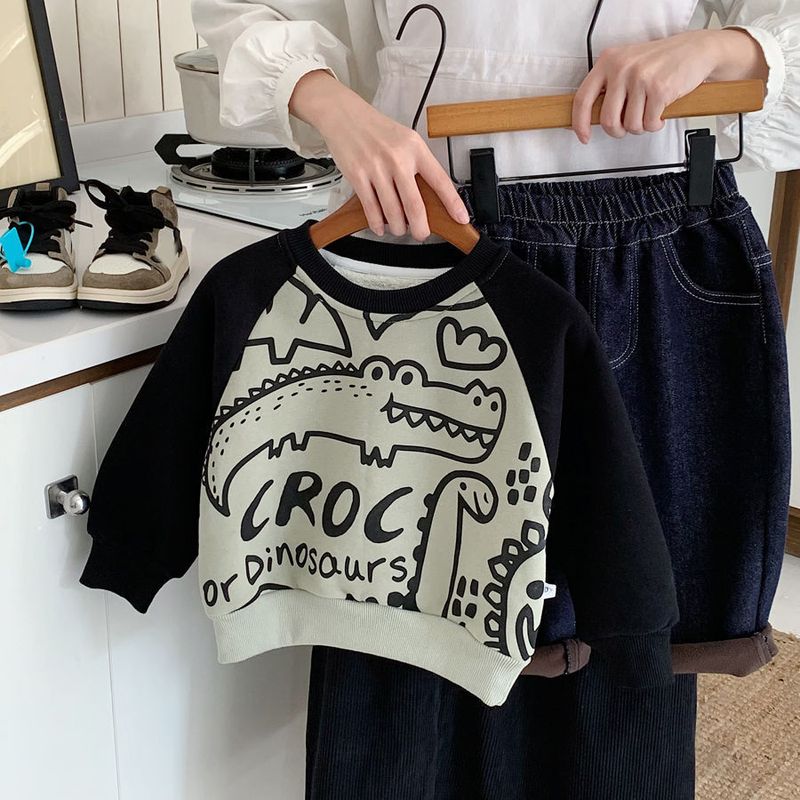 Heren- en dameskleding met fleece hoodie 2024 winter volledige print dinosaurus dikke contrasterende kleur raglan cartoon_voghion.com