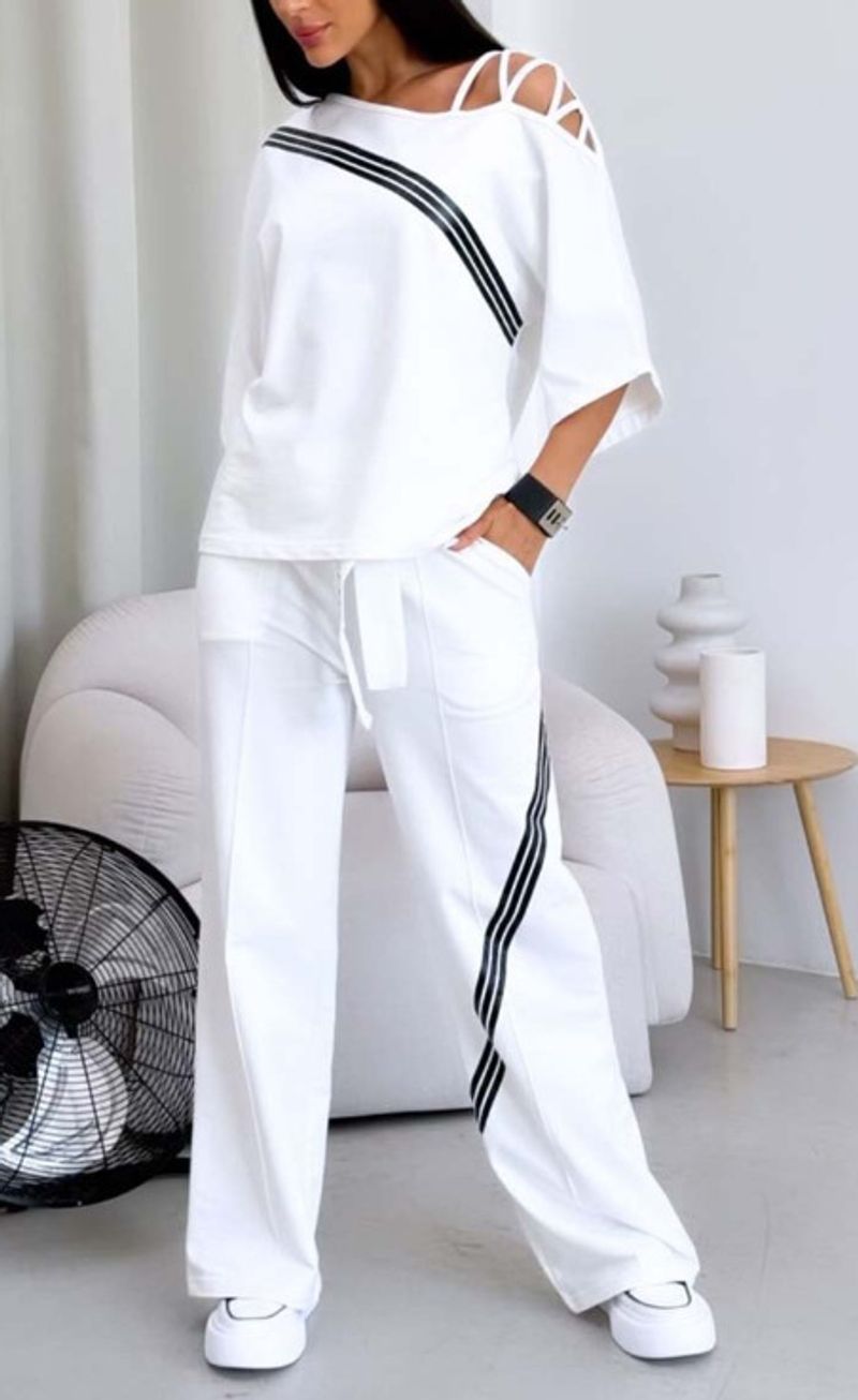 Dametøj Efterårsmode Off Shoulder Løs Kortærmet Sweater Casual Bukser Todelt Sportsdragt_voghion.com
