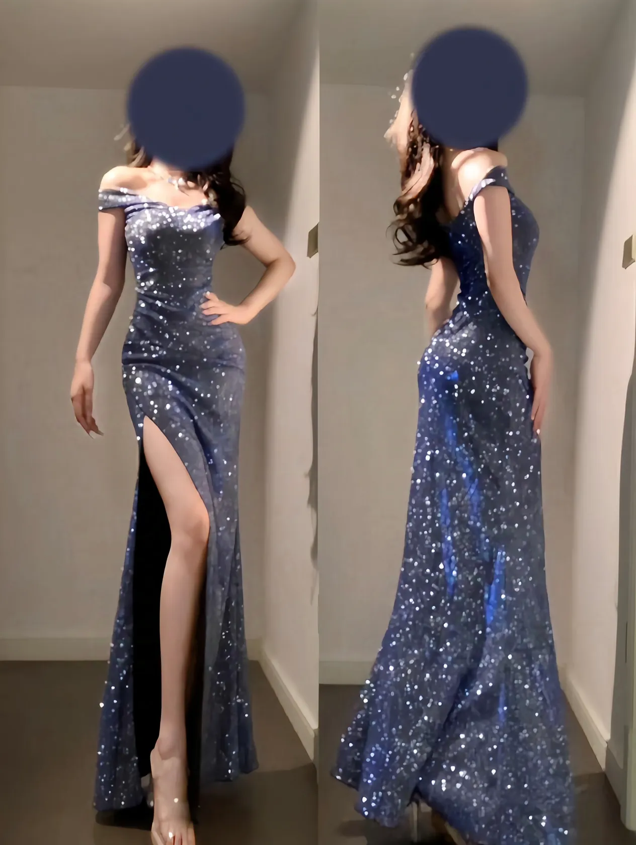 Xiaoke Wiwi Blue Sparkling Catwalk Birthday Party Graduation Coming-of-Age Ceremony Sexy Slit Long Dress_voghion.com