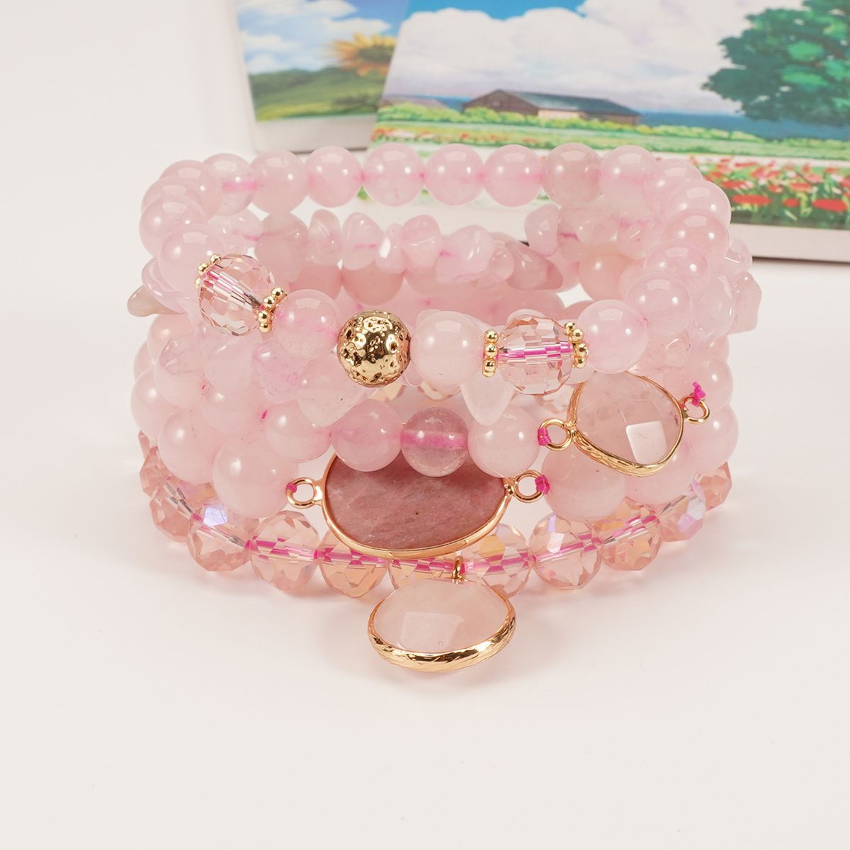 Across The Bohemian Stacking Style Natural Stone Set Rose Quartz Green Aventurine Volcanic Stone Composition_voghion.com