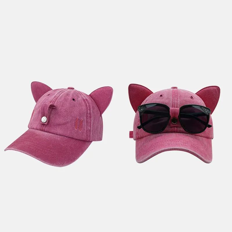 Nuovo simpatico cappello da pilota con orecchie di gatto con occhiali Berretto da baseball lavato con acqua Visiera parasole esterna regolabile Cappelli da sole Regalo unisex_voghion.com