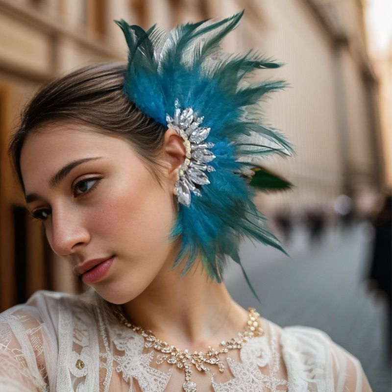 Pendientes de plumas con diamantes de imitación de alta gama, accesorios de gran tamaño para desfiles de moda femenina._voghion.com