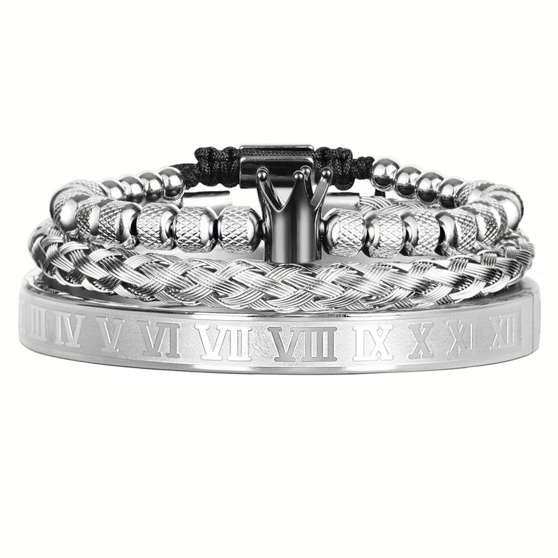 Armband-Set mit Krone aus Edelstahl für Herren mit römischen Zahlen und Ananas-Perlen – Optionen in Schwarz und Silber_voghion.com