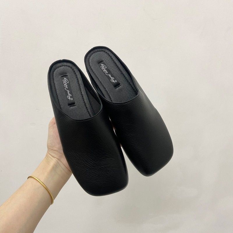 happyfeeling Kore modası kadınlar için yarım terlikler, açık havada düz tabanlı, 2024 ilkbahar ve yaz, yumuşak deri, kaymaz kare başlık_voghion.com