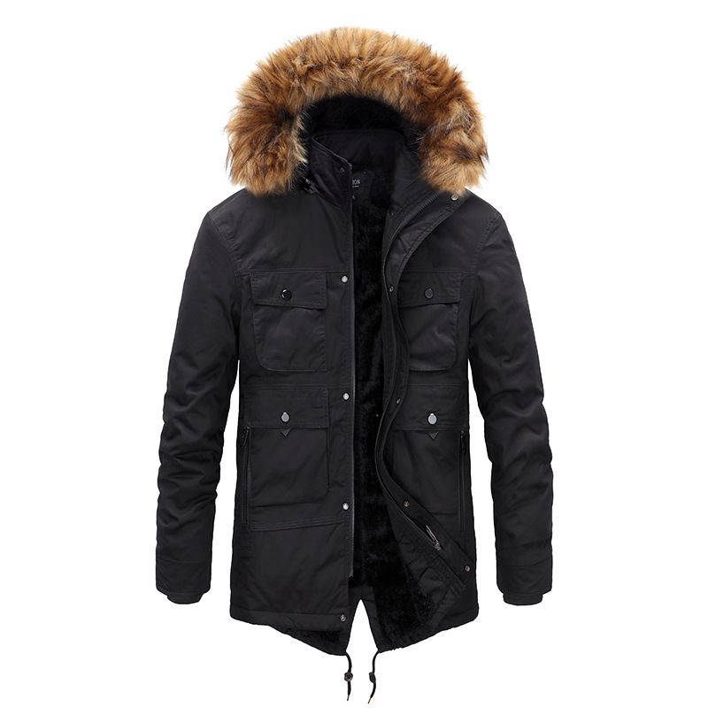 Herrenbekleidung Herren-Wintermantel mit Fleecefutter und abnehmbarer Kapuze, warme lange Parkajacke für kaltes Wetter (Khaki, Schwarz, Armeegrün, Dunkelkhaki)​_voghion.com