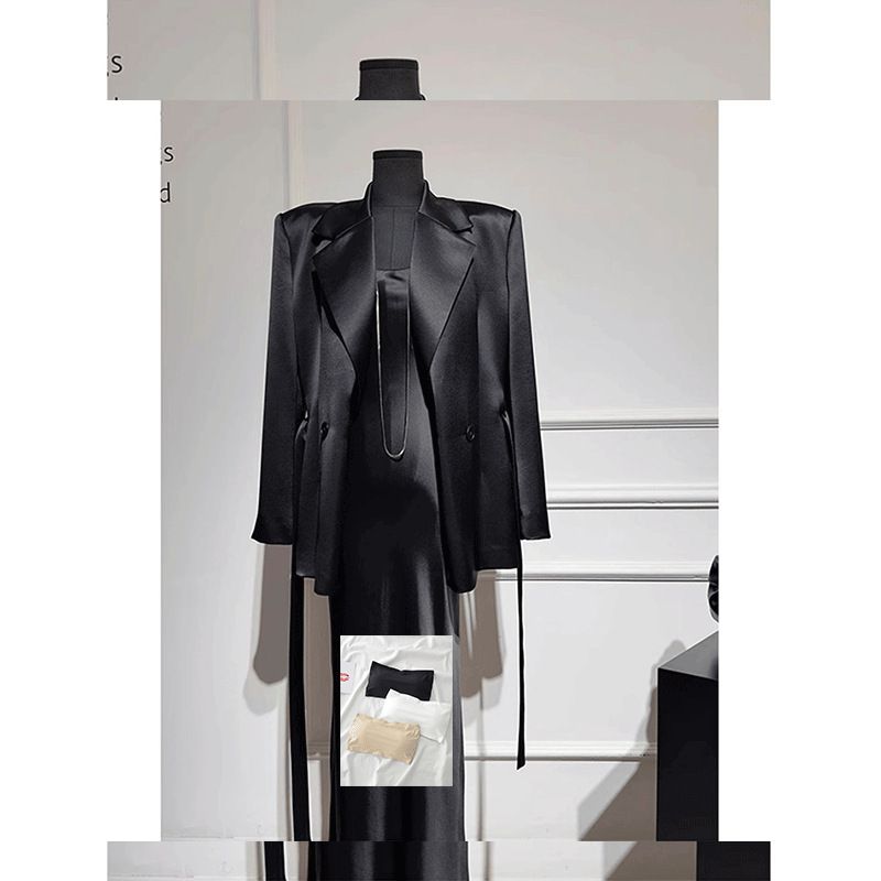 Costume femme des années 2025, style haut de gamme, tenue de travail légère, veste de costume noire en satin vinaigre, ensemble deux pièces, été_voghion.com